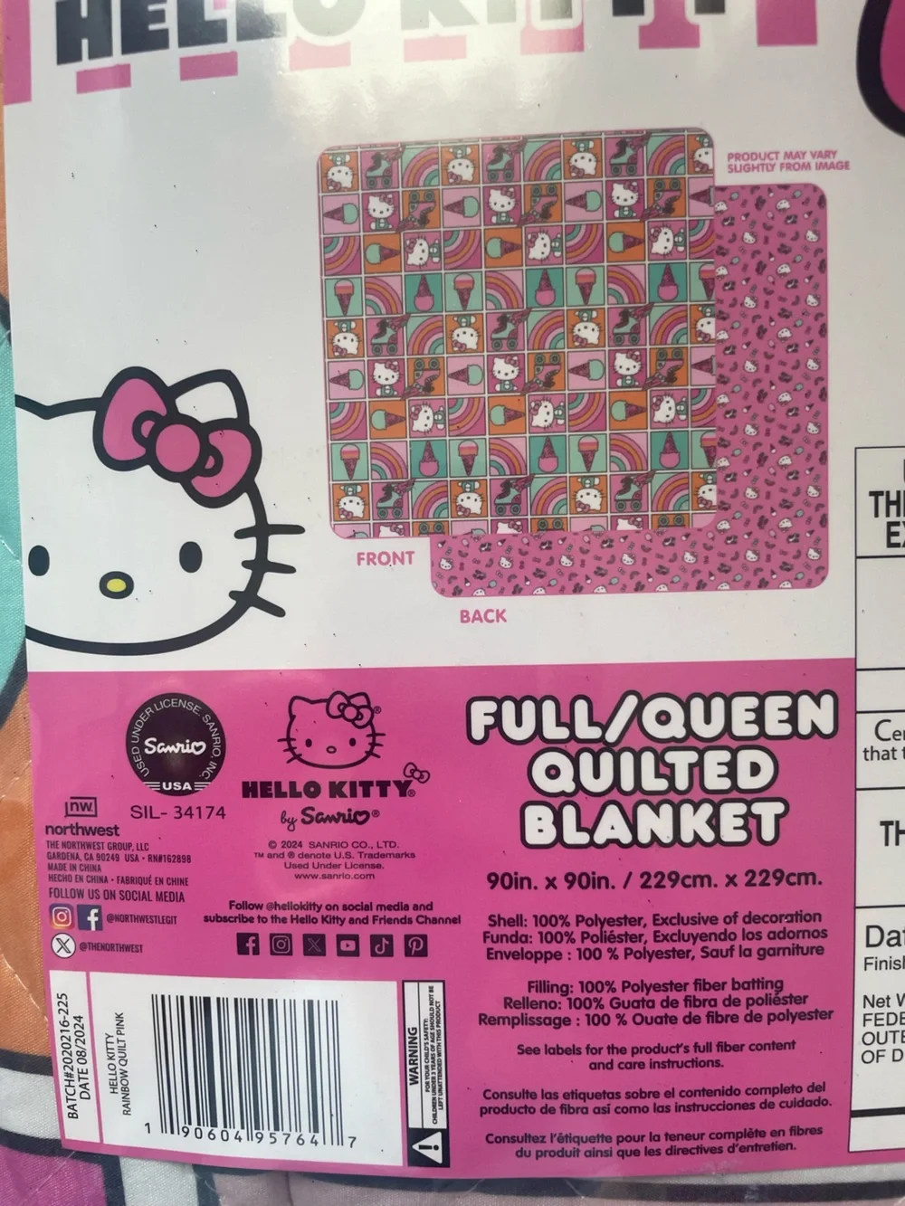Hello Kitty Quilted Blanket in Pink, Teal & Orange